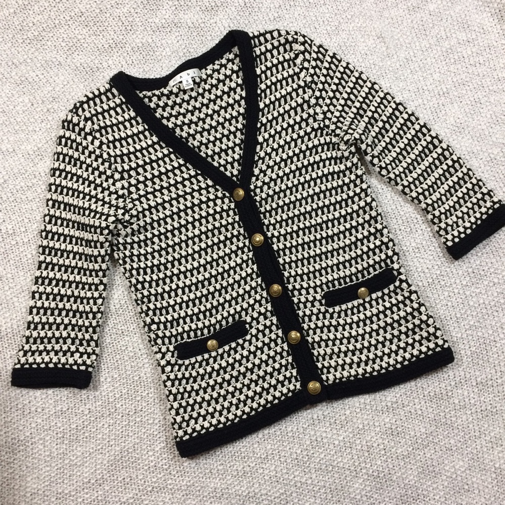 Cabi Coco Black and White Cardigan Gold Buttons